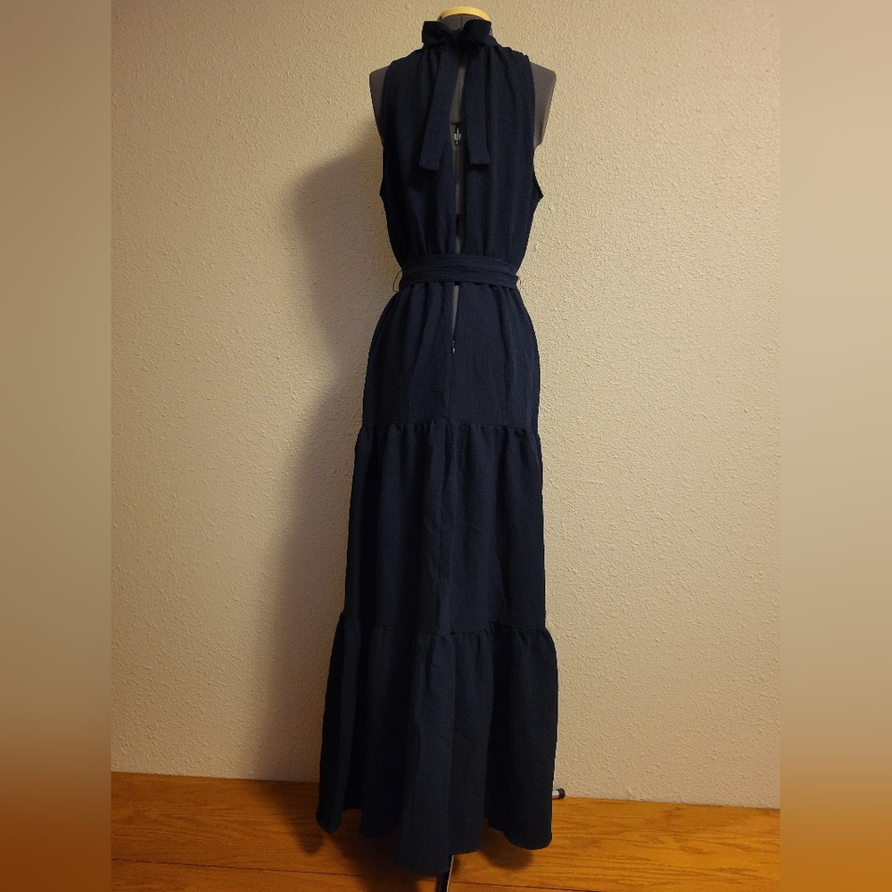 Anne Klein Navy Crinkle Mock Neck Tiered Maxi Dress Size 10 - Picture 3 of 8